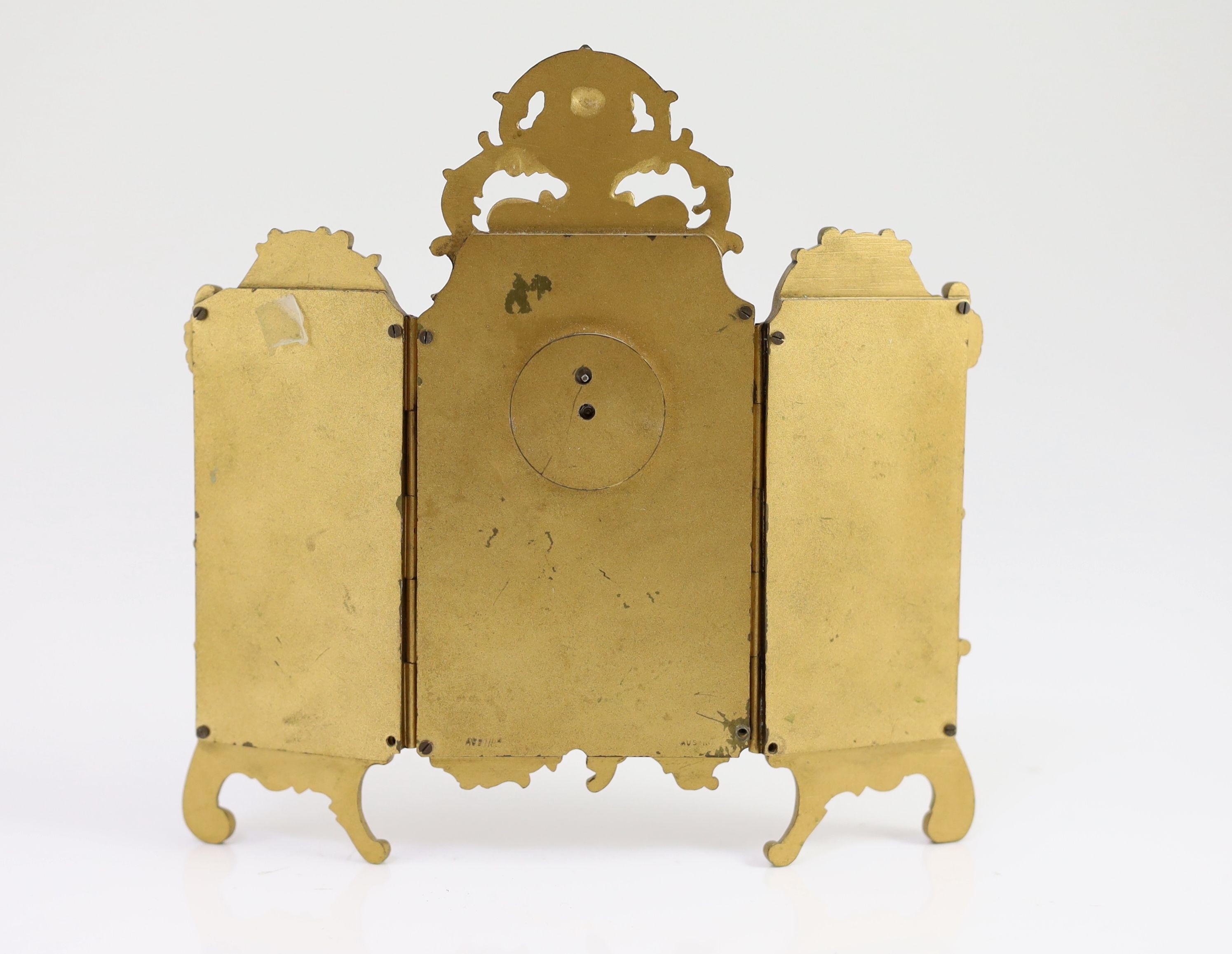 A late 19th century Viennese ormolu and enamel timepiece, width when open 20cm height 19cm